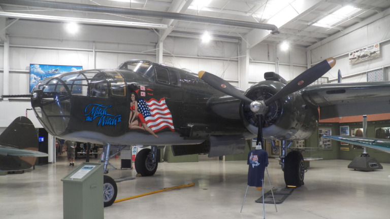 B-25 Mitchell - Warbird Wednesday Episode 59, USA, black fighter airplane, flight, American flag, Mitch the witch