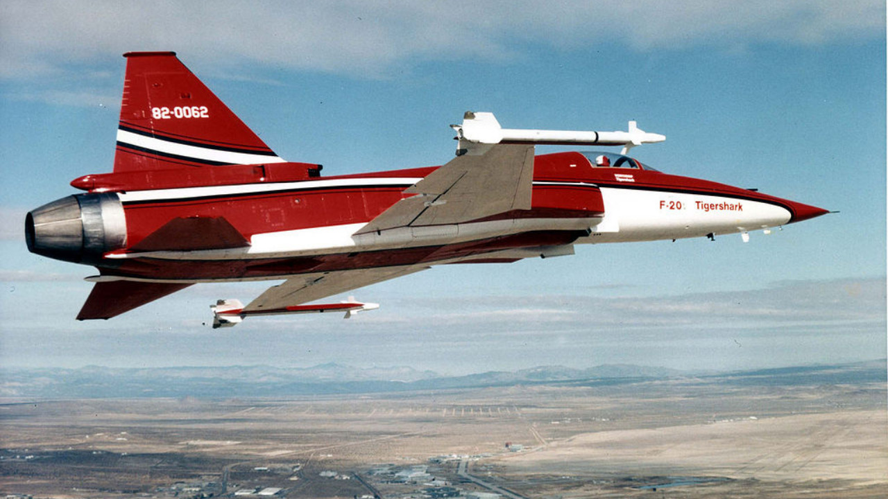 Red F-20 Tigershark flying