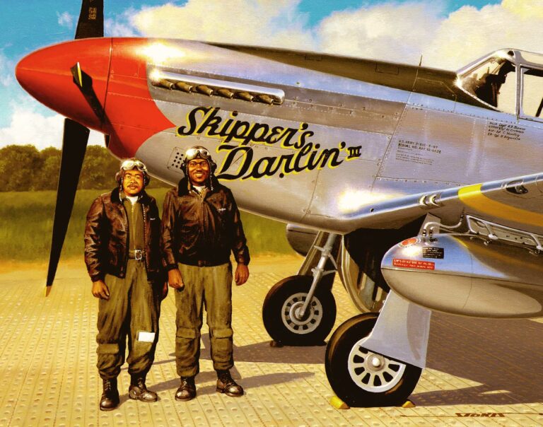 Painting of Tuskegee Airmen Turner and Briggs in from of a P-51